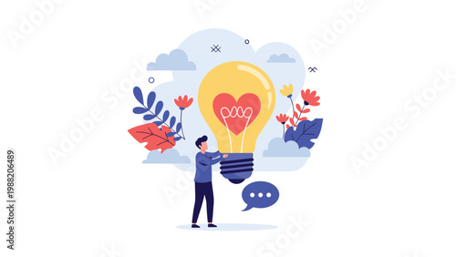 Small man holds onto a giant lightbulb containing a glowing red heart to illustrate the connection between passion and creative ideas.