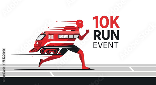 Energetic Illustration Depicting a 10K Run Event Featuring a Train and a Determined Runner