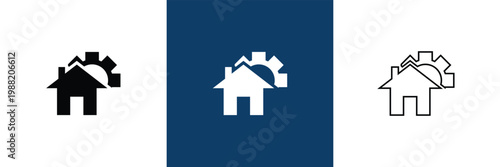 Property Management Icon Solid and Outline Styles. Comprehensive property management icon collection in blue flat style, covering real estate services, contracts, payments, maintenance, and smart prop