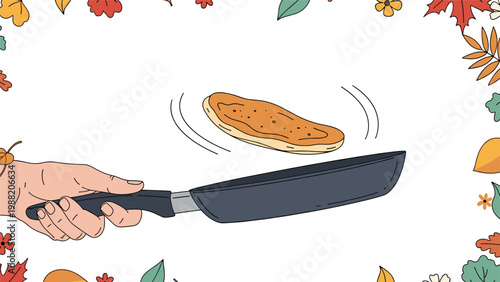 Hand flips a delicious pancake in a frying pan surrounded by a decorative border of colorful autumn leaves on a white background.