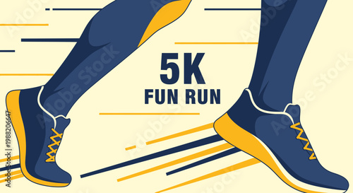 Energetic Illustration Depicting a 5K Fun Run Event on a Cream Background Design