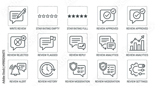 Collection of Review and Rating Icons for User Feedback and Analytics.