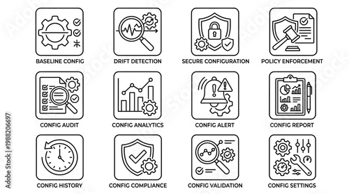 Set of Icons Representing Configuration Management and Security Concepts.