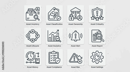 Collection of Twelve Asset Management and Business Strategy Line Icons for Corporate Use.