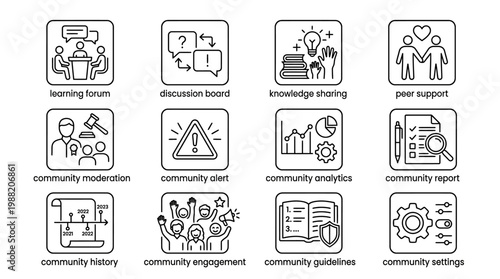 Collection of twelve hand drawn community management and engagement icons in line art style.