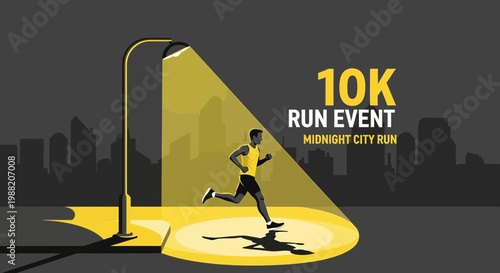 Energetic Athlete Sprinting Under Streetlight Illuminating A 10K Midnight City Run