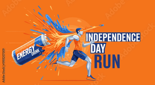 Energetic Independence Day Run With Bursting Drink and Dynamic Runner Illustration