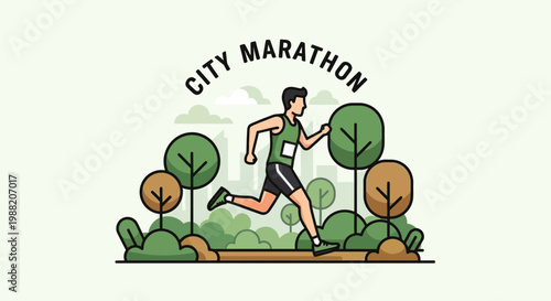 Energetic Runner In Modern Urban Marathon, Sporty City Race Illustration, Minimalist Design