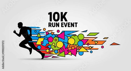 Energetic Runner In Motion At 10K Run Event With Colorful Abstract Design