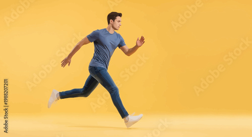 Energetic Man in Casual Attire Running Dynamically Against Bright Yellow Backdrop.