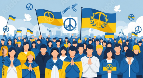 Crowd holding Ukrainian flags and peace symbols concept of unity and hope for peace vector illustration for social media and news