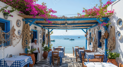 Woman standing in a seaside restaurant with blue checkered tables
