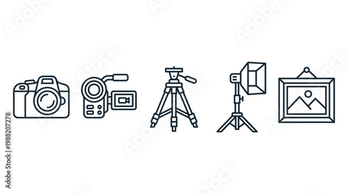 Photography and videography equipment icons including a camera, video camera, tripod, studio light, and a framed picture, symbolizing visual content creation.
