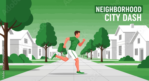 Energetic Runner In Neighborhood, Illustrated City Dash Concept And Design