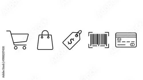 Shopping and commerce icons representing various aspects of retail, online purchasing, and financial transactions in a clean, minimalist line art style.