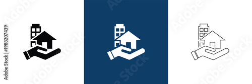 Property Management Icon Solid and Outline Styles. Comprehensive property management icon collection in blue flat style, covering real estate services, contracts, payments, maintenance, and smart prop