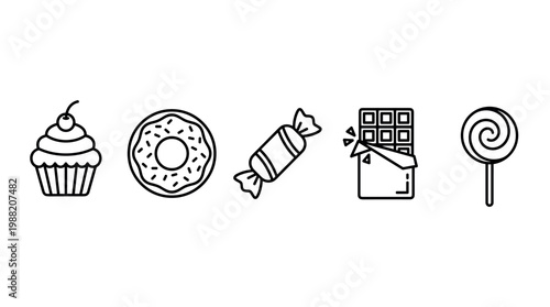 Sweet dessert food icons collection featuring various treats like a cupcake, donut, wrapped candy, chocolate bar, and lollipop in a simple outline style.