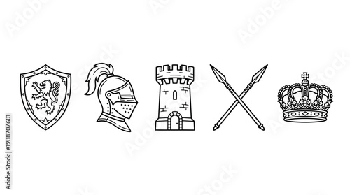 Various medieval fantasy symbols including a shield, knight helmet, castle tower, crossed spears, and royal crown are presented as simple line art icons.