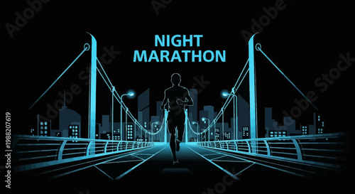 Energetic Night Marathon Runner On A Bridge In A Silhouette Cityscape Rendering