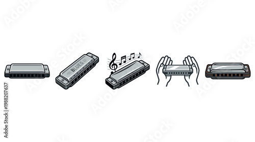 Harmonica musical instrument collection of various designs and styles, including one held by hands and another with musical notes, depicted in a vibrant cartoon illustration set.