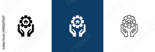 Property Management Icon Solid and Outline Styles. Comprehensive property management icon collection in blue flat style, covering real estate services, contracts, payments, maintenance, and smart prop