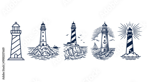 Five lighthouses, each rendered in a unique vintage hand-drawn style, illustrating maritime navigation, coastal safety, and ocean adventures.