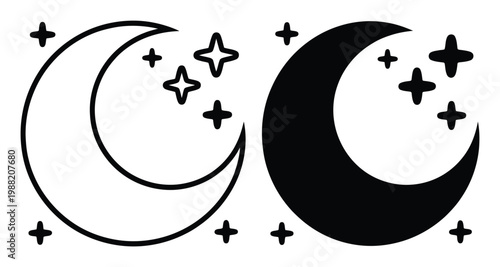 Crescent Moon and Stars Outline and Silhouette