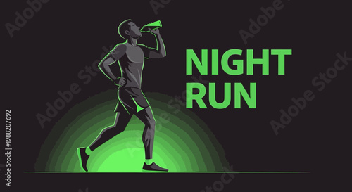 Energetic Night Runner Refreshing With Water During Evening Jogging on a Dark Background