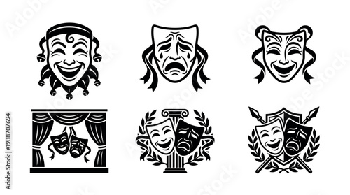 Theater masks and drama symbols collection vector icons representing various aspects of performance art, comedy, and tragedy in a classic style.