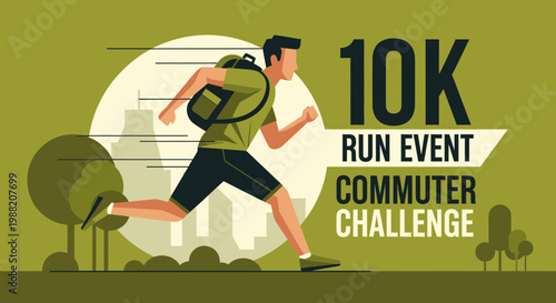 Energetic Runner In Urban Setting Promoting A 10K Run Event And Commuter Challenge