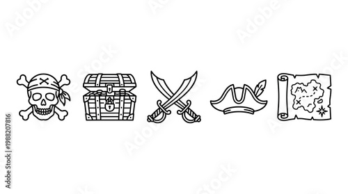 Pirate themed icons set featuring skull, chest, swords, hat, and map, perfect for illustrating adventure, treasure hunts, and swashbuckling tales.
