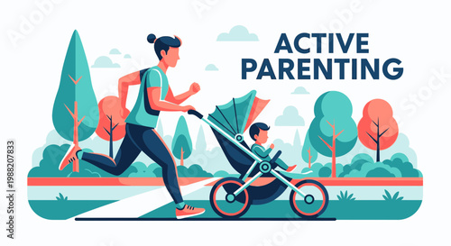 Energetic Parent Pushing Baby Stroller While Jogging in a Park, Modern Illustration