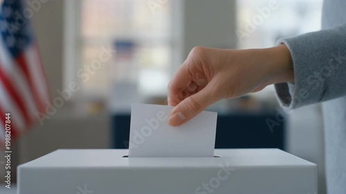 Cinematic close-up of a person's hand inserting a white paper ballot into a ballot box, US flag blurred in background, general election, 4k