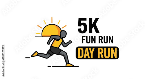 Energetic Running Illustration for a 5K Fun Run Event, Featuring Sun and Day Run Text