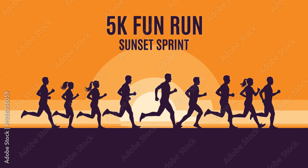 Obraz premium Evening 5K Race, Sunset Silhouette Runners, Recreational Athletes, Friendship Run