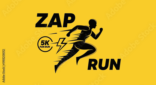 Energetic Running Man Silhouette, ZAP 5K Fun Run Concept, Bold Sport Logo on Yellow Background