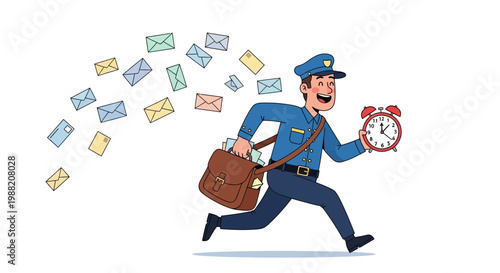 Energetic Postman Running with Mail and a Clock, Delivering Letters Swiftly and on Time