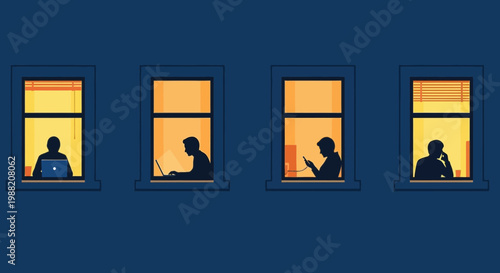 Evening Activities: Silhouetted Individuals Engaged in Digital Devices in Illuminated Windows
