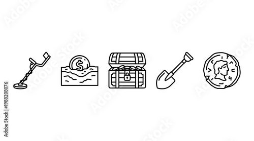 Treasure hunting icons set with metal detector, chest, shovel, and ancient coins representing discovery, wealth, and valuable finds.