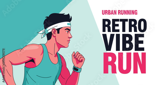 Energetic Retro Illustration of A Man Running in Urban Setting with Bold Typography