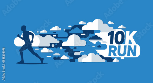 Energetic Runner Achieving 10K Goals Amidst Abstract Cloudscape Design Illustration