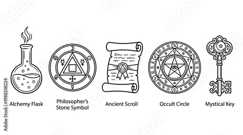 Alchemy and occult symbols collection features mystical elements like a flask, philosopher's stone, ancient scroll, magic circle, and an ornate key, presented as line art.