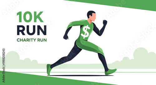 Energetic Runner Representing 10K Charity Run with Dollar Sign in a Vibrant Green Outfit