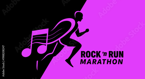 Energetic Running With Musical Notes Graphic For Rock And Run Marathon Event