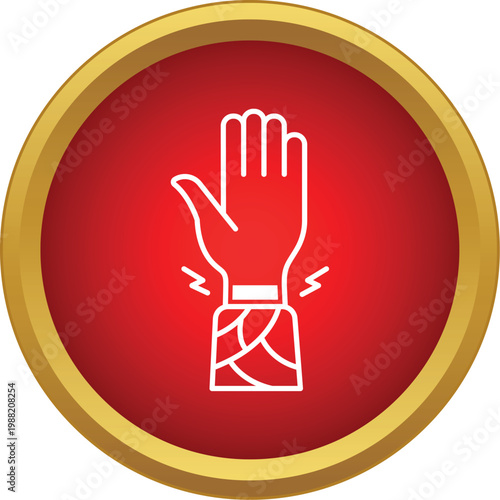 Bandaged hand showing wrist pain, injury, and trauma within a red circular icon