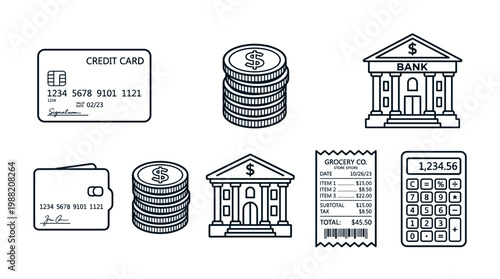 Financial icons set featuring various banking and payment elements like credit cards, coins, bank, receipt, and calculator for business and economy concepts.
