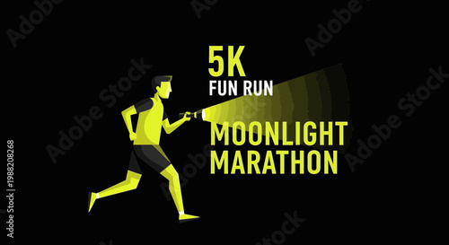 Energetic Runner Shining Flashlight During 5K Moonlight Marathon Illustration Design