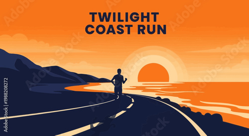 Evening Coastline Run Graphic Depicting Silhouette of Athlete Exercising During Sunset
