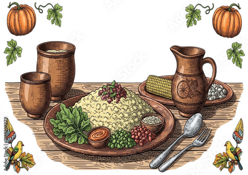 Traditional Harvest Feast with Rustic Pottery and Autumnal Accents