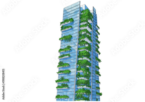 Modern high-rise building with lush green balconies on a white background